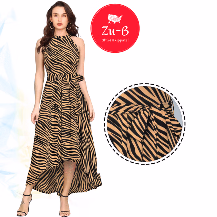 Zebra print sleeveless high-low dress in chiku color by Zu-B
