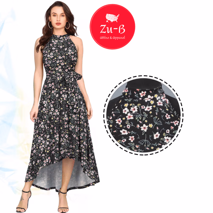 Black floral sleeveless high-low women’s dress – Zu-b NP D-S