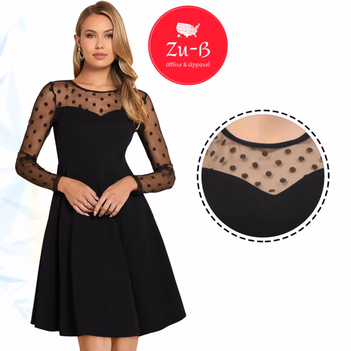Black fit and flare dress with sheer polka dot sleeves by Zu-b