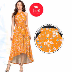 mustard floral sleeveless high-low women’s dress – Zu-b NP D-S