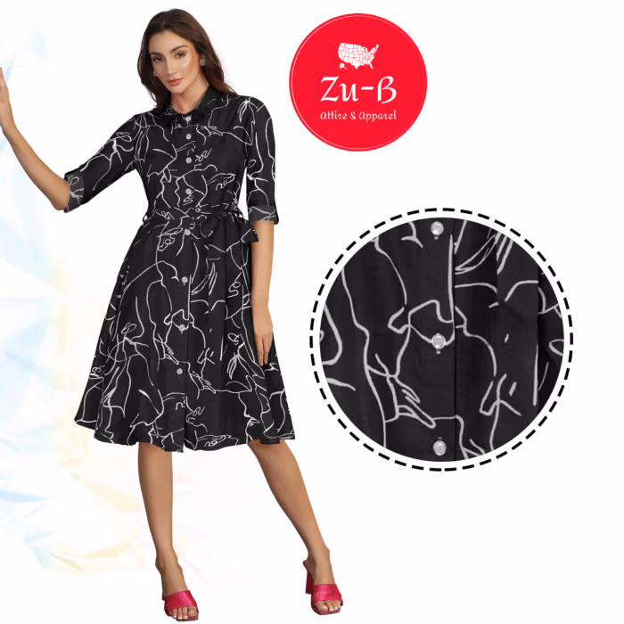 Zu-B Ruby Cotton Midi Shirt Dress – Black Abstract Print