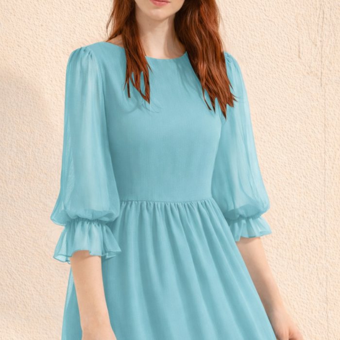 Women's sky blue chiffon mini dress puff sleeves ruffle hem