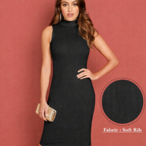 Women's black ribbed bodycon midi dress sleeveless high neck fashion dress