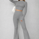 Women's grey ribbed co ord set with crop top and flared pants