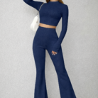 Women's navy blue ribbed co-ord set with long sleeve crop top and flared pants