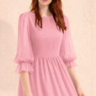 Women's pink chiffon mini dress puff sleeves ruffle hem