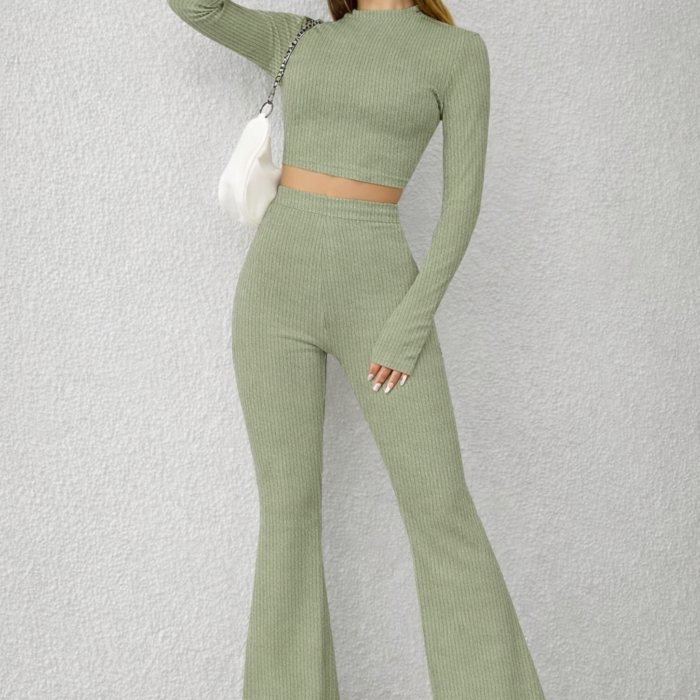 Women's sage green ribbed co ord set with crop top and flared pants
