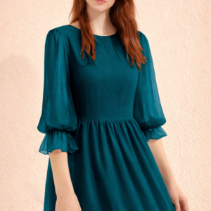 Women's teal chiffon ruffle mini dress with puff sleeves