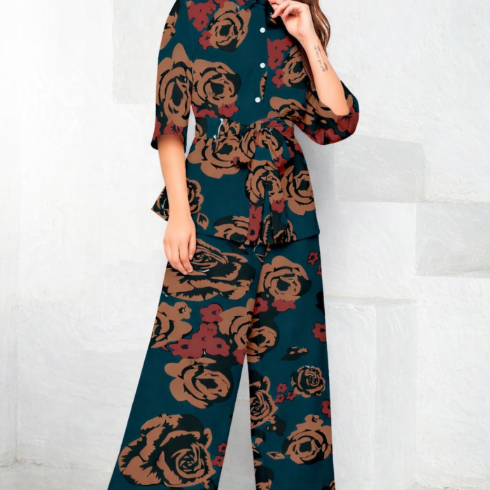 Women's teal floral co-ord set shirt top with wide leg pants