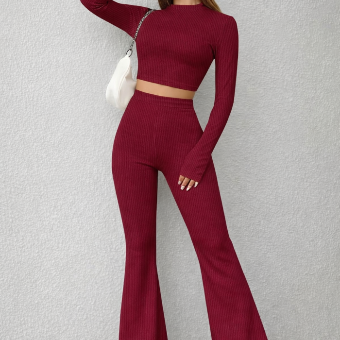 Women's wine ribbed co ord set crop top flared pants