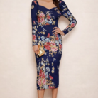 Zu-B navy blue floral sweetheart neck bodycon midi dress