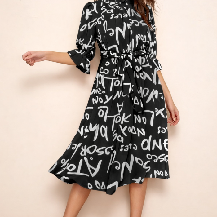 Zu-B women black printed belted midi dress style 6011
