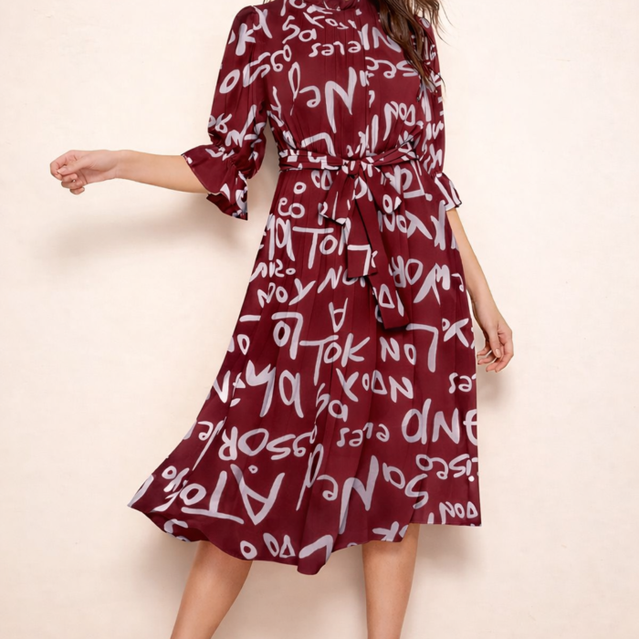 Zu-B women burgundy printed belted midi dress style 6011