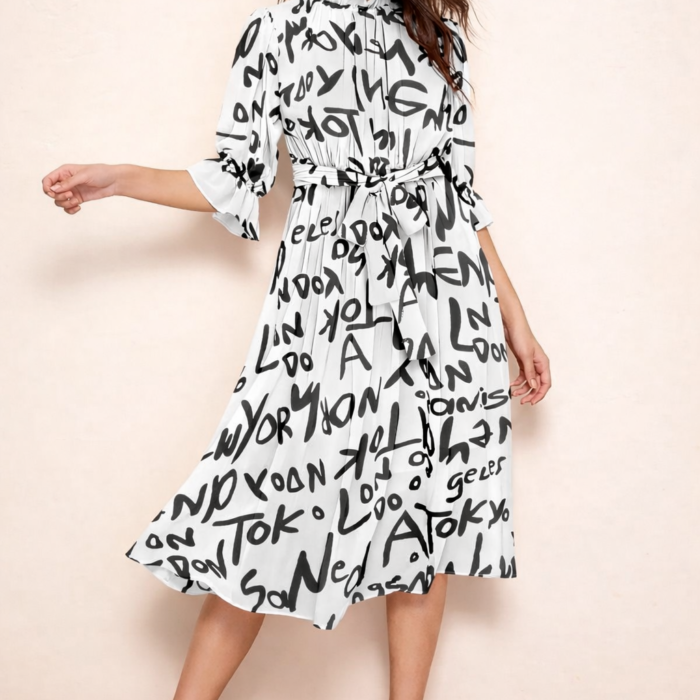 Zu-B women white printed belted midi dress style 6011